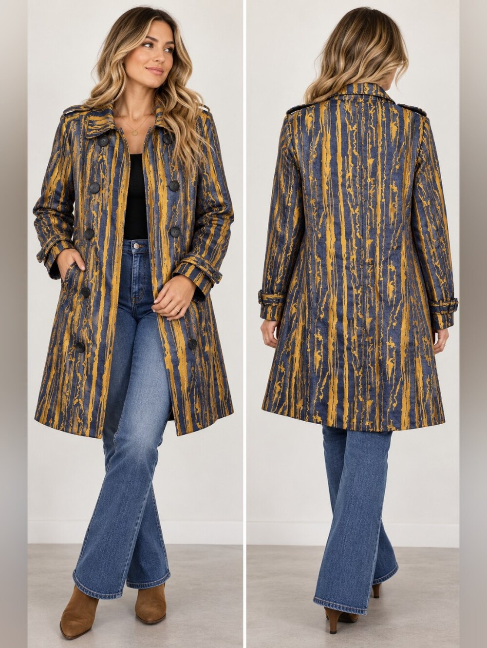 UBU Gilded Glaciers Metallic Jacquard Trench Coat Medium Navy Gold